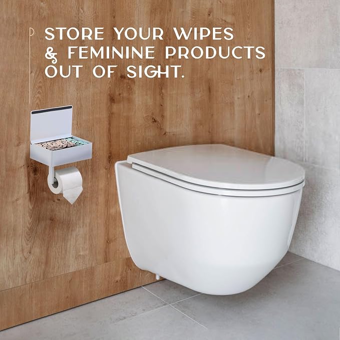 Day Moon™ - Toilet Paper Holder with Shelf - Modern Roll Holder for Bathroom - 1 Pack - Wall Mount - with Storage, White - Image 7