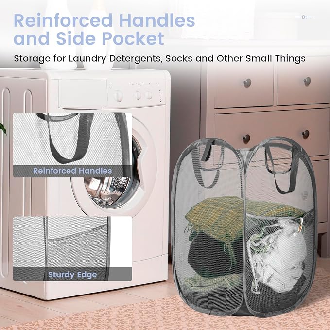 HOUSE AGAIN Strong Mesh Pop Up Laundry Hamper, 70L Collapsible Laundry Basket with Steel Frame, Double‑Stitched Handles & Side Pocket, Foldable Dirty Clothes Hamper for Dorm, Bedroom, Grey - Image 6