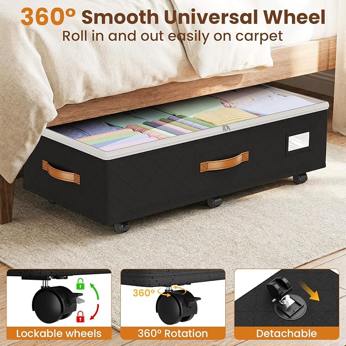 Budding Joy 80L 2 Pack Adjustable Under Bed Storage with Wheels | Underbed containers with clear lids, rolling under bed shoe storage organizer for dorm home clothes, blankets, toys, black - Image 3