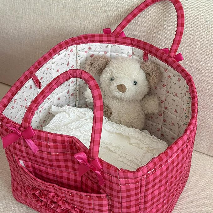 Storage Basket Boho Fabric Large Collapsible Floral Laundry Nursery Hamper Portable Folding Storage for Clothes Toys (Rose Red Plaid) - Image 2