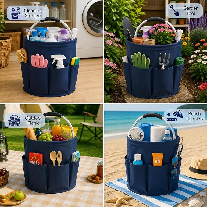 Cleaning Caddy with Handle, 17L Foldable Storage Basket, Heavy Duty 600D Oxford Cloth Organizer, Portable Supply Bag, Multi-Purpose Supplies Caddy for Home, Bathroom, Kitchen, Garden - Dark Blue - Image 4