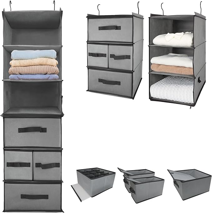 2-in-1 Durable 6-Tier Hanging Closet Organizer with 4 Removable Drawers,2 Separable 3-Tier Thickened Fabric Hanging Shelf Clothes Storage Organization Space-saving for Bedroom,Dorm,Guestroom,RV,Travel by Folzaelar