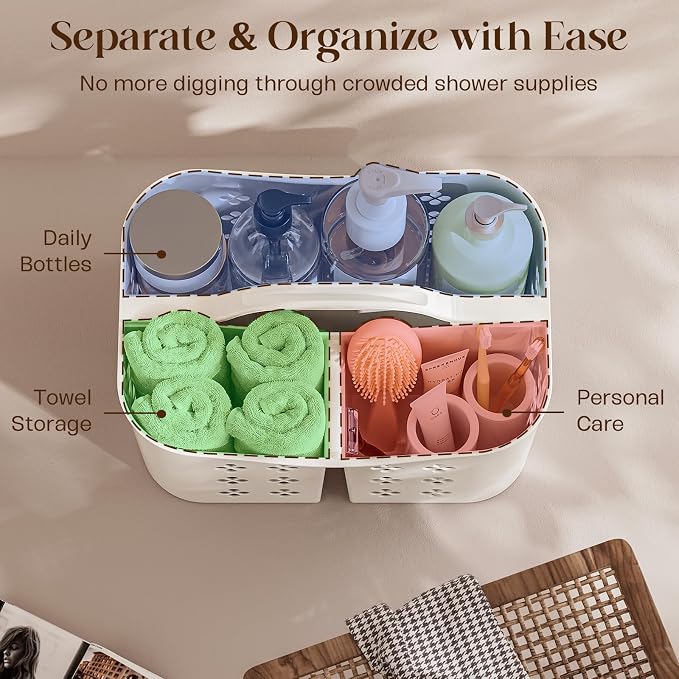 Portable Shower Caddy with Handle, Large Capacity Shower Basket Organizer, Quick-Drain Bathroom Storage Tote, Durable Plastic Shower Organizer for College Dorm, Beach, Gym, Travel Essentials, White - Image 8