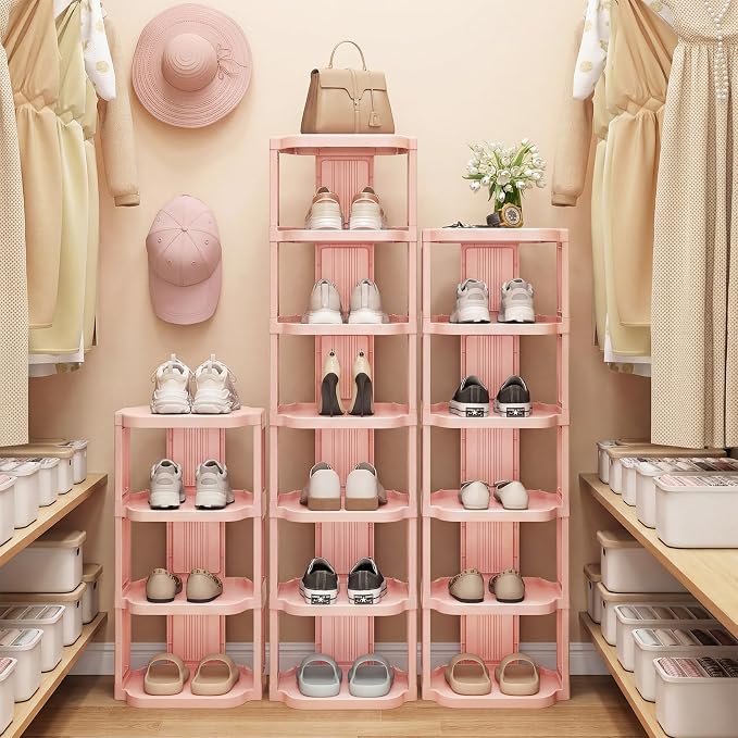 Kitstorack 8-Tier Vertical Plastic Shoe Rack, Freestanding Stackable Shoe Storage Organizer Cubes Shoe Shelf Tower or Small Closets and Tight Spaces, Pink - Image 2