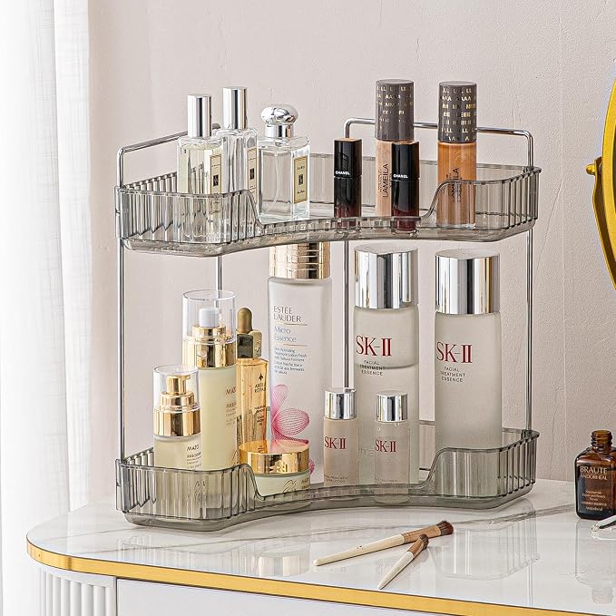 shuang qing 2-Tier Corner Bathroom Counter Organizer – Classic Storage Shelf for Makeup, Perfume & Toiletries, Space-Saving Countertop Tray Fits Bathroom, Dresser, Kitchen (Slate Gray) by SHUANGQING