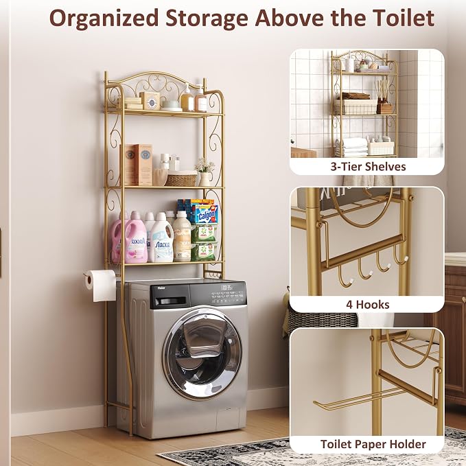 HOME BI Over The Toilet Storage Shelf, 3-Tier Over Toilet Bathroom Organizer Rack, Freestanding Space Saver Toilet Stands with Hooks (Gold) - Image 4
