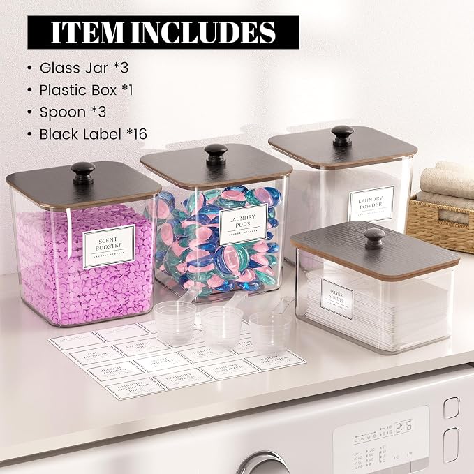HomePekite Laundry Pods Storage Container, Clear Acrylic Laundry Room Organization and Storage ,Detergent Powder Container,with Wooden Lids & Labels, 3+1 Pack（Black） - Image 4