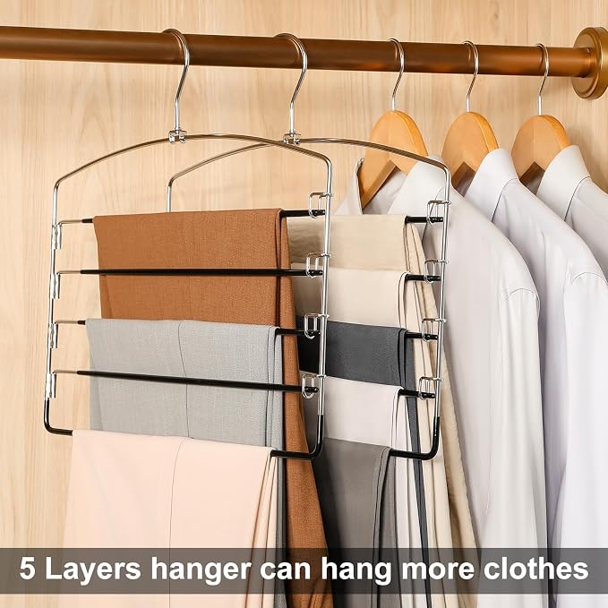 TOPIA HANGER Pant Hangers Space Saving 3 Pack with Non Slip 5 Tiers Hangers | 80% Space Saving Closet Storage Orgainzer, 360° Swivel Hook, Stainless Steel Non Slip 5 Tier Swing Arm for Pant Trouser Jean - Image 2