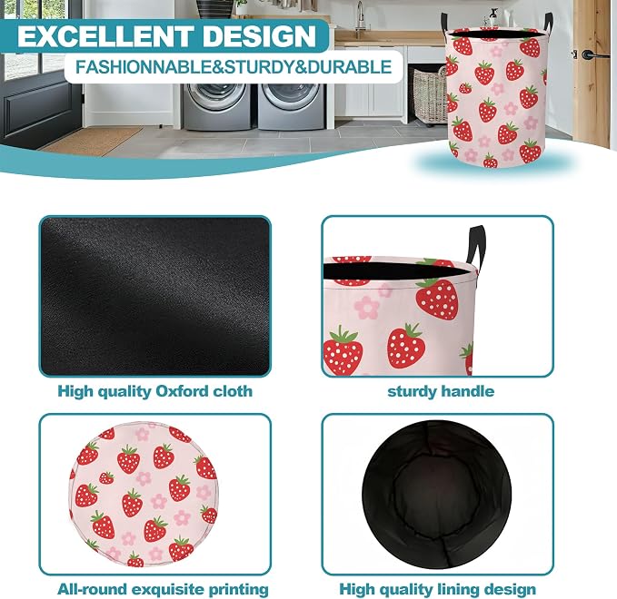 Laundry Basket,Pink Strawberry Foldable Clothes Hamper with Handles,Cute Flower Waterproof Oxford Cloth Storage Organizer for Bedroom Bathroom College Dorm,16" x 20" - Image 6