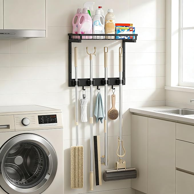 XLP Heavy Duty Broom Holder Wall Mount, All-Metal Cleaning Supplies Organizer & Mop Holder, Space Saving Wall Hanging Rack with Hooks for Home, Garage, Laundry Room - Black - Image 2