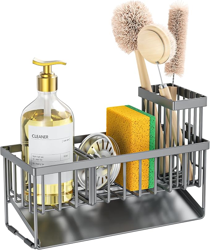 Cisily Sink Caddy Organzier with High Brush Holder, Sponge Holder for Sink, 304 Rustproof Stainless, Kitchen Countertop Soap Dispenser Organizer, Dark Gray Kitchen Decor and Accessories - Image 7