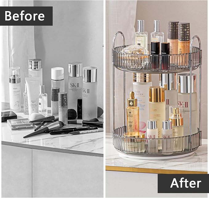shuang qing Rotating Makeup Organizer for Vanity, High-Capacity Skincare Clear Make Up Storage Perfume Organizers Cosmetic Dresser Organizer Countertop 360 Spinning (Gray, 2 Tier) - Image 4