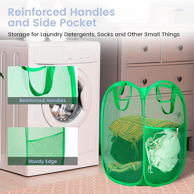 HOUSE AGAIN 2 Pack Strong Mesh Pop Up Laundry Hamper, 70L Collapsible Laundry Basket with Steel Frame, Double‑Stitched Handles & Side Pocket, Foldable Dirty Clothes Hamper for Dorm, Bedroom, Green - Image 5