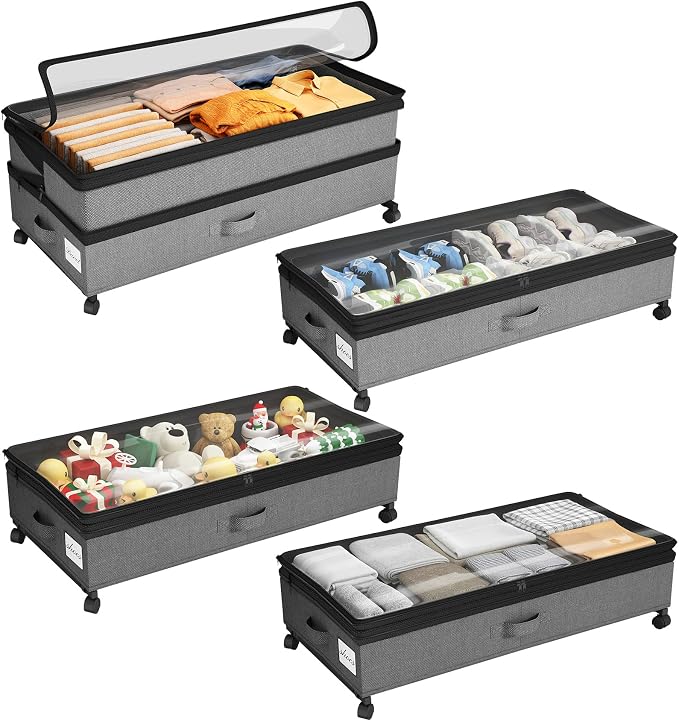 Kitstorack 4 Pack Height-adjustable Under Bed Storage with Wheels, Under Bed Storage Containers,Under Bed Shoe Storage Organizer with Clear Window&Label, Suitable for Clothes Storage, Gray by Kitstorack