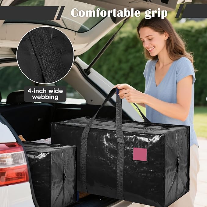 12 Pack Moving Bags with Full-Open Side Zipper, Extra Large 93L Heavy Duty Waterproof Foldable Storage Totes for College Dorm, Moving & Home Organization Black - Image 6