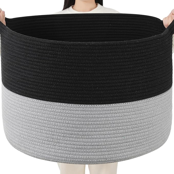 Foldable Laundry Hamper Basket with Collapsible Handle Cotton Rope Soft Woven Fabric Storage Organizer Clothes Toys Nursery Bedroom Dorm Space Saving Bin (Black & Grey, 65L(19.7"D x 12.6"H)) by BEVOVBE