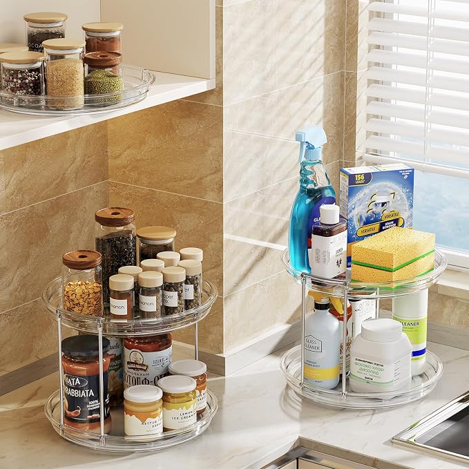 LAMU 2 Pack 2 Tier Lazy Susan Turntable Organizer 9.25'' Rotating Spice Rack Organization for Cabinet, Kitchen, Pantry, Countertop, Bathroom, Vanity, Medicine Cabinet Organizer, Clear - Image 6