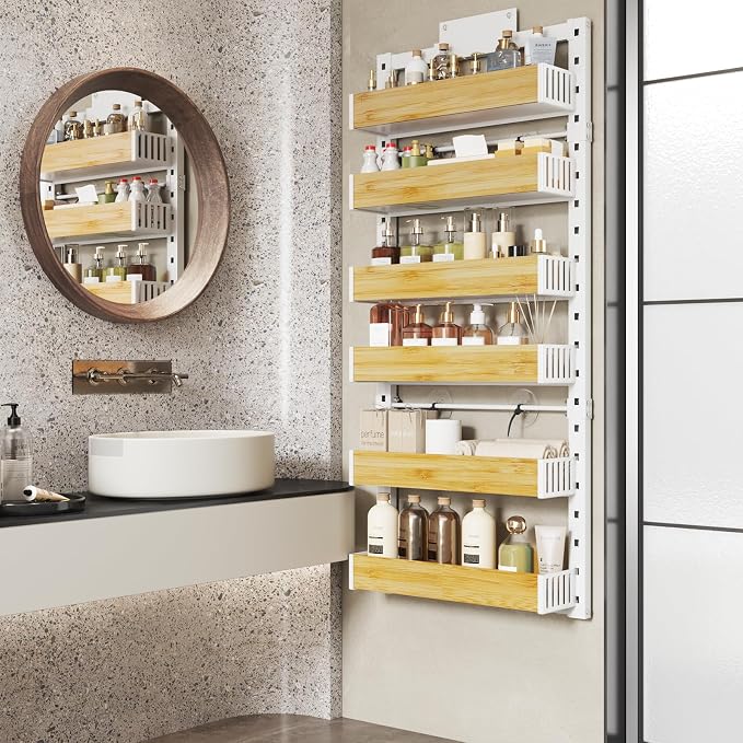 6 Tier Over the Door Pantry Organizer with Adjustable Wooden Baskets, Heavy Duty 2 in 1 Wall Mounted & Hanging Spice Rack for Kitchen, Cabinet and Closet Organization - Image 7