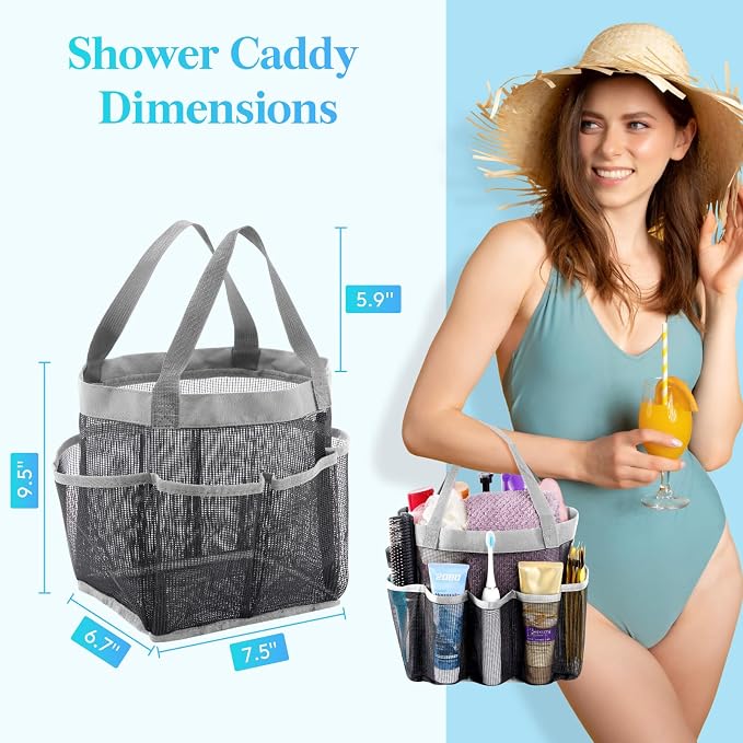 Lifewit Mesh Shower Caddy Portable for College Dorm Room Essentials with 7 Pockets, Freestanding Hanging Organizer Basket, Quick Dry Tote Bag for Camping, Bathroom, Beach, Travel, 1 Pack, Grey - Image 4