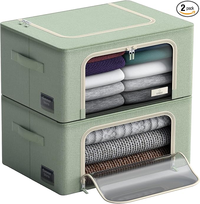 Sorbus Clothes Storage Bins, Clear Window & Handles (Medium, 2 Pack, Teal) | Large foldable stackable boxes have easy-carry grips for bedding and linens in closets, bedrooms and laundry rooms. by Sorbus
