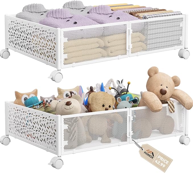 PHINOX Under Bed Storage Container with Wheels,Patterned,Metal,2 Pack,White | Tool-free assembly, glide smoothly, easy reach, foldable, maxmazie low-profile beds, dorm, keep seasonal clothes, shoes fresh by PHINOX