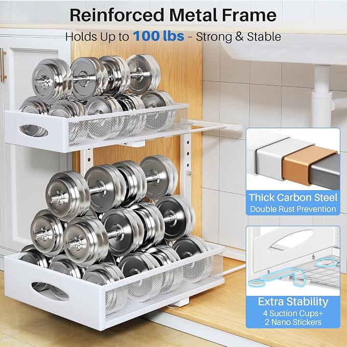Under Sink Organizer, 2 Tier Pull Out Under Cabinet Organizer Shelf with Pad for Framed Cabinets, Metal Slide Out Under Sink Storage, Mesh Sliding Drawers for Kitchen Bathroom Laundry(White, 1 Pack) - Image 7