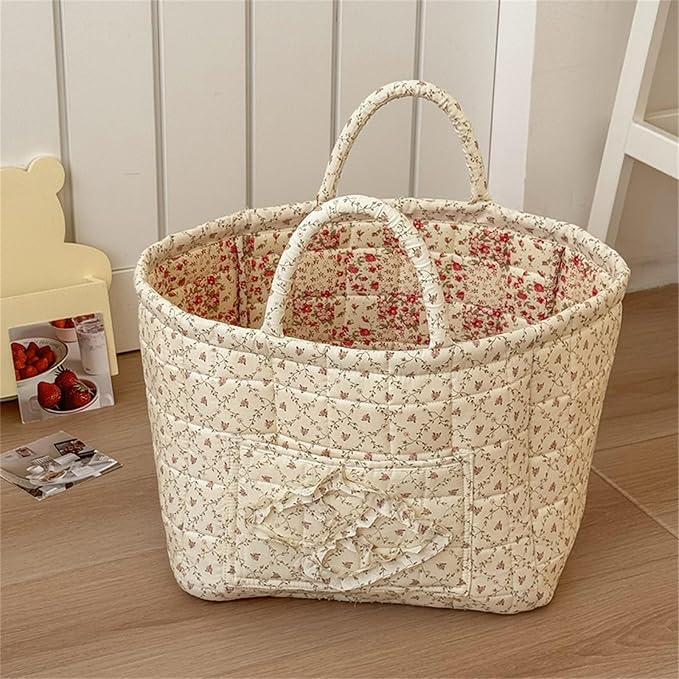 Quilted Fabric Storage Basket with Handles & Pocket, Foldable Laundry Hamper Boho Floral Print Organizer Bin for Home, Picnic, Office 12"x10"x10" (A-2) - Image 3