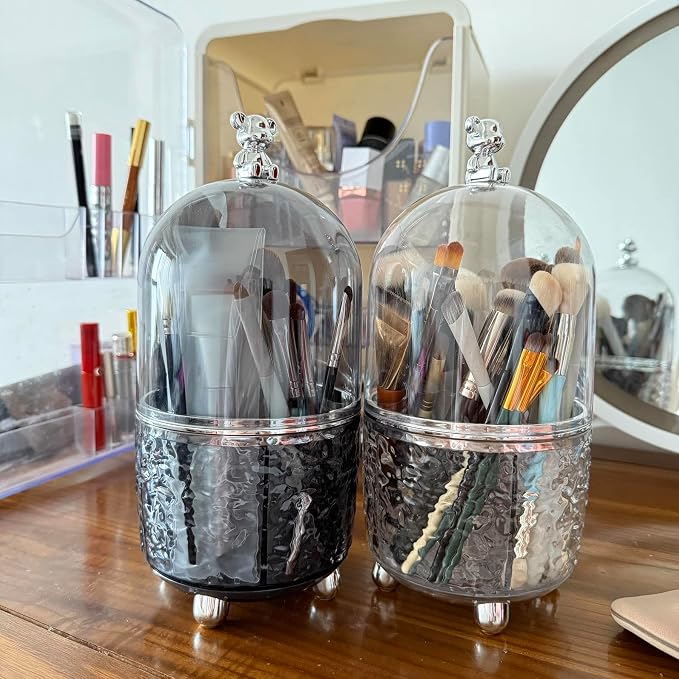 Dezzer Makeup Brush Holder with Lid, 360 Rotating Make Up Organizers with 6 Dividers, Dustproof Make up Brush Pencil Holder for Desk Vanity Bathroom Countertop Office, Gray - Image 7