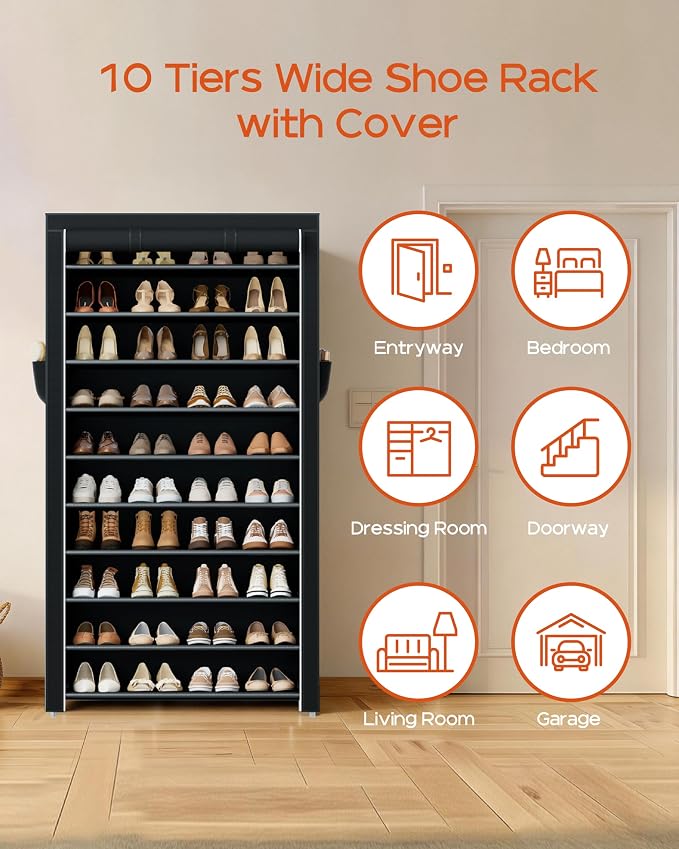 CASAMAYA Shoe Rack with Covers, 10 Tiers Tall Shoe Rack Organizer, Large Capacity Shoe Shelf Storage, Hold 40 Pairs of Shoes, Vertical Shoe Storage Organizer for Closet, Entryway, Black, SRT104B01 - Image 3
