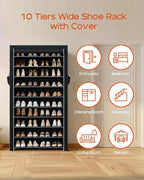 CASAMAYA Shoe Rack with Covers, 10 Tiers Tall Shoe Rack Organizer, Large Capacity Shoe Shelf Storage, Hold 40 Pairs of Shoes, Vertical Shoe Storage Organizer for Closet, Entryway, Black, SRT104B01 - Image 3