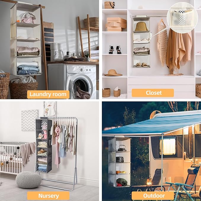 2 Packs Hanging Closet Organizer Storage, 6-Shelf Hanging Shelves Clothes Organizer and Storage with Side Pockets, Beige - Image 6