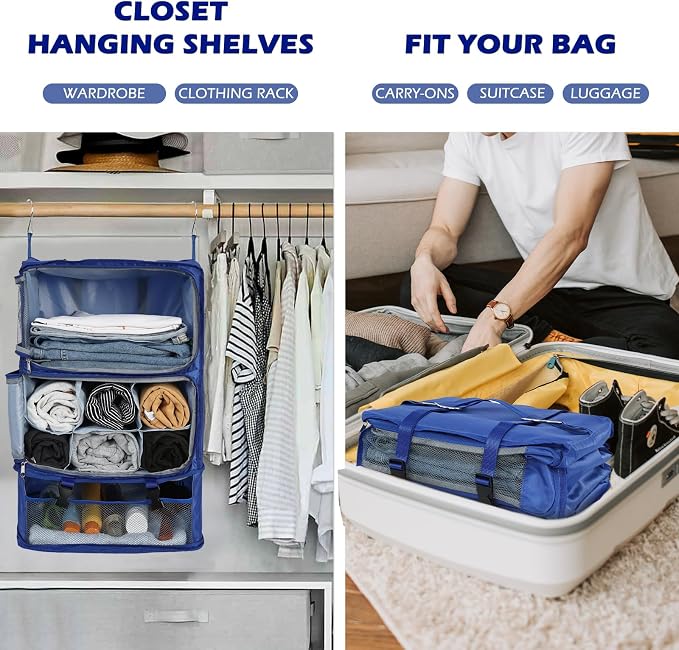 Surblue Hanging Shelves Travel Storage Bag Compression Packing Cube for Suitcase Portable Closet Organizer Collapsible with Extension Layer Large Capacity,Blue,XXL - Image 2