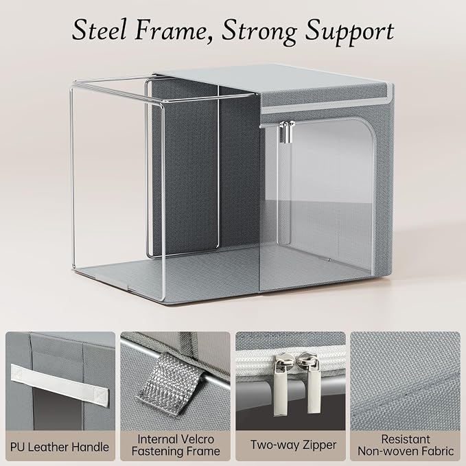 Yecaye Clothing Storage Bin with Lid, Clothes Storage Grey, 40L, 4 Pack | Metal Frame, Foldable, Stackable, Clear Window, Zippers, PU Leather Handles - Image 5