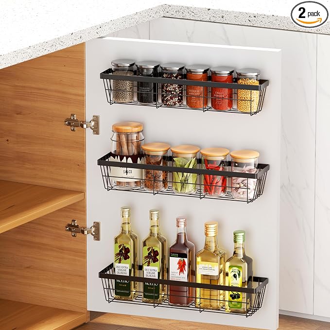 3PCS Cabinet Door Organizer,Self Adhesive Kitchen Cabinet Organizer,Over the Door Organizer Storage Box,metal Pantry Door Organizer,Storage shelf rv must haves. (Blackiron) by HQahnekme