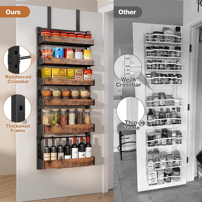 6-Tier Over The Door Pantry Organizer, Heavy-Duty Metal Wall Mount or Hanging Spice Rack, behind the door storage Shelves with Adjustable Basket, Back of Door Organizer for Kitchen Cabinet and Closet - Image 3