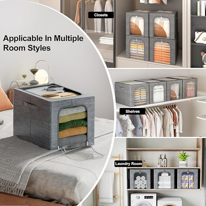 GoMaihe Clothes Storage Bins with Metal Frame for Closet, 40L 4-Pack Grey - Image 9