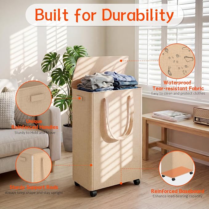 Slim Laundry Hamper with Wheels,15 Gal (55L) Rolling Laundry Basket with lid and wheels Clothes Hamper Foldable Tall Dirty Clothes Basket Sturdy Collapsible Clothes Hamper for Dorm,Laundry Room - Image 3