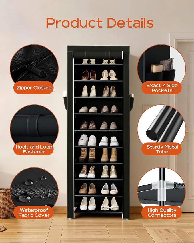 CASAMAYA Shoe Rack with Covers, 10 Tiers Tall Shoe Rack Organizer, Large Capacity Shoe Shelf Storage, Hold 20 Pairs of Shoes, Vertical Shoe Storage Organizer for Closet, Entryway, Black, SRT102B01 - Image 7
