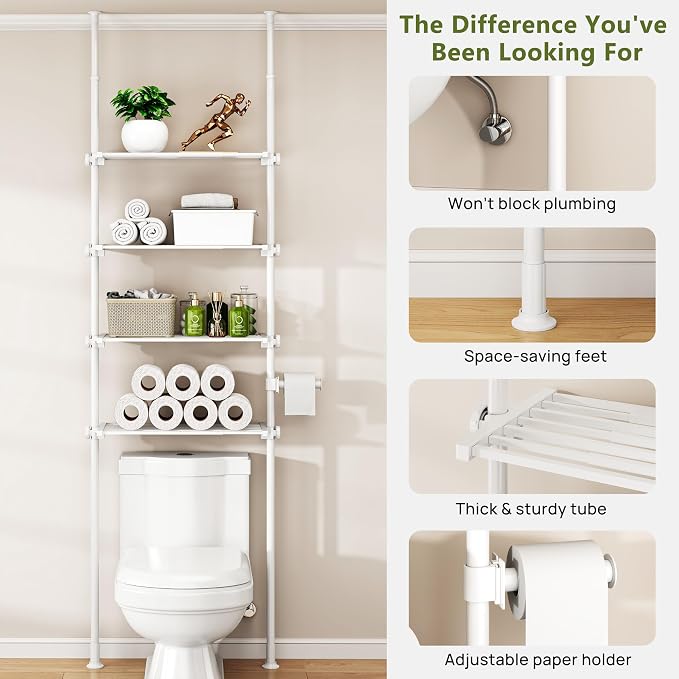 ALLZONE Adjustable Over The Toilet Storage Shelf, 4-Tier Ample Bathroom Organizer and Storage, Tension Mounted Above Toilet Storages Cabinet for Versatility, Fits 66-113 Inch Heights, White - Image 4