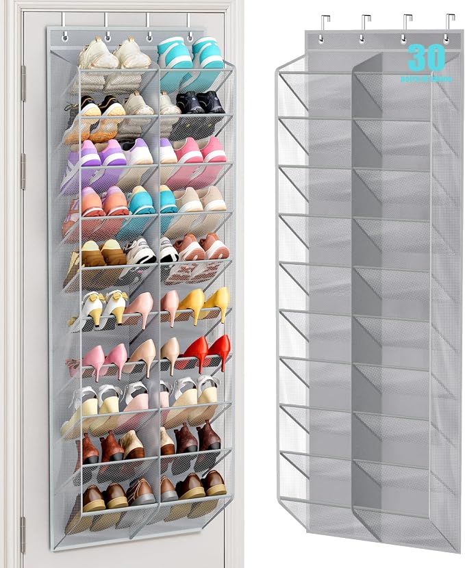 MISSLO 30 Pairs Over the Door Shoe Organizer Breathable Mesh Hanging Shoe Rack for Closet Storage with Wide Deep Pockets 10 Tier Shoes Holder Fit All the Family's Sneakers, Boots, Heels (Grey, 71") by MISSLO