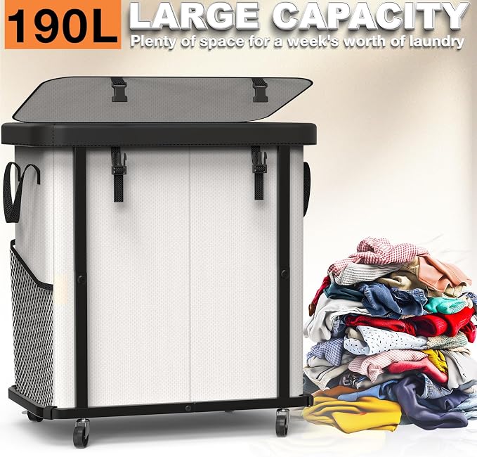Laundry Basket with Wheels,190L (50 Gal) Laundry Hamper 2 Setion - Beige - Image 3