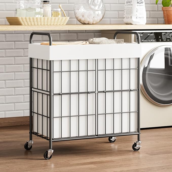 100L 2-Section Laundry Hamper with Wheels, Laundry Basket with Liner Bag - Image 4