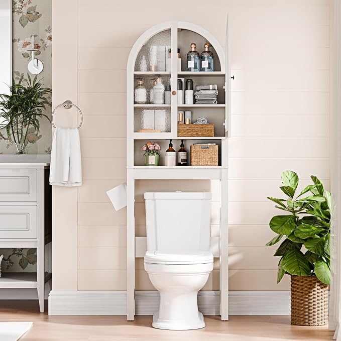 Over The Toilet Storage Cabinet, 23.7”W Modern Storage Cabinet Over Toilet with Acrylic Doors, Arched Freestanding Over Toilet Rack with Adjustable Shelf for Bathroom, White - Image 3