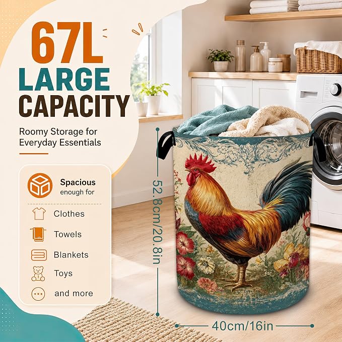 Vintage Rooster Flower Laundry Basket,Foldable Oxford Laundry Hamper with Handles,Portable Clothes Tote Bag Clothes Storage Bucket Organizer 20.8" x16" For Bathroom/Laundry Storage/Bedroom - Image 2