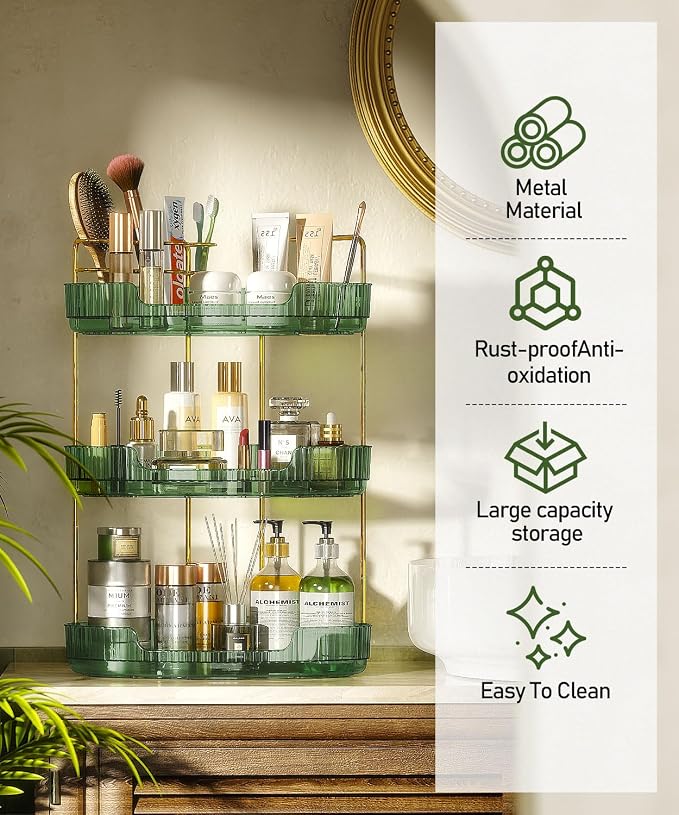 EUHOME 3-Tier Corner Bathroom Counter Organizer Makeup Cosmetic Storage, Tool-Free Installation Acrylic Vanity Shelf, Skin Care Organizer Perfume Tray for Countertop Bathroom, Dresser, Kitchen (Green) - Image 2