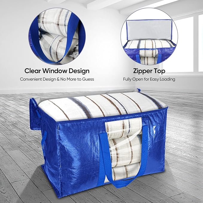 BALEINE 2-Pack Oversized Moving Bags with Reinforced Handles, Heavy-Duty Storage Tote Moving Supplies for Packaging, Camping (Blue w/Window, 2-Pack) - Image 5