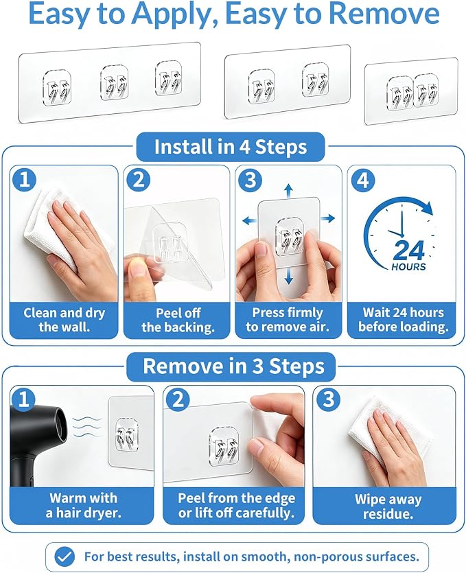 COOLMI Shower Caddy Adhesive Replacement, 9 Pack Mixed Hook Set - Image 6