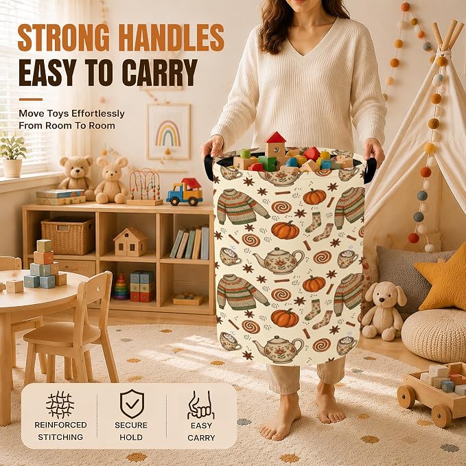 Autumn Sweater Laundry Basket,Fall Pumpkin Foldable Oxford Clothes Hamper with Handles, Portable Dirty Clothes Storage Bucket for Laundry Room Bedroom Bathroom Dorm Decor,20.8x16 Inch - Image 4