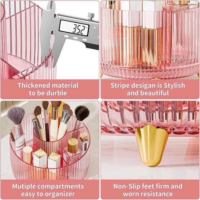 Clear Rotating Makeup Organizer Countertop for Vanity, 360° Makeup Brush Holder Organizer with 5 Compartments, Transparent Cosmetic Storage for Lipstick, Skincare, Bathroom Counter (Transparent Pink) - Image 5