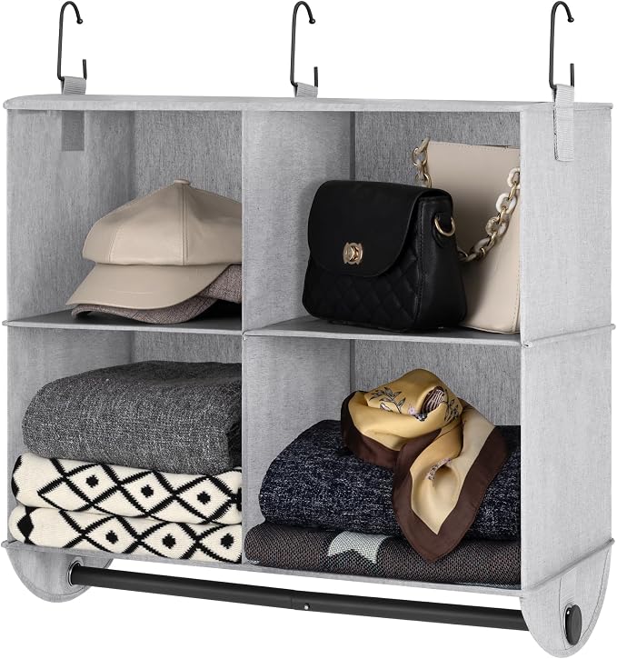 StorageWorks Hanging Closet Organizer with Rod, 4 Sections, 2 Tiers | Maximize Closet Space with 4 Open Sections and Built-in Rod for Hanging Clothes Below, Grey and White by StorageWorks